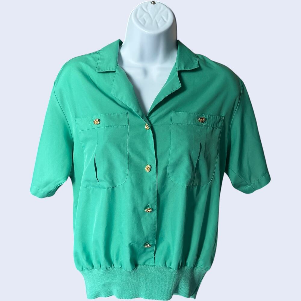 Lindsey Blake Petites blouse green gold buttons short sleeve collared 80s